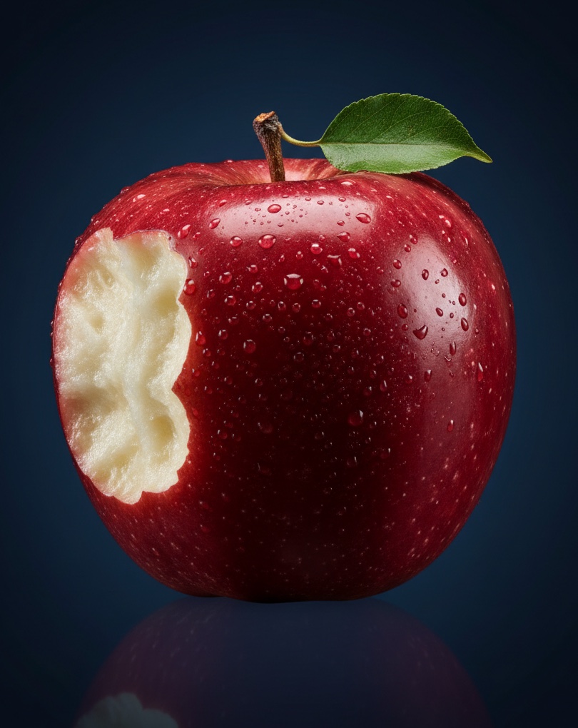 A fresh red apple with a large bite taken out of it
