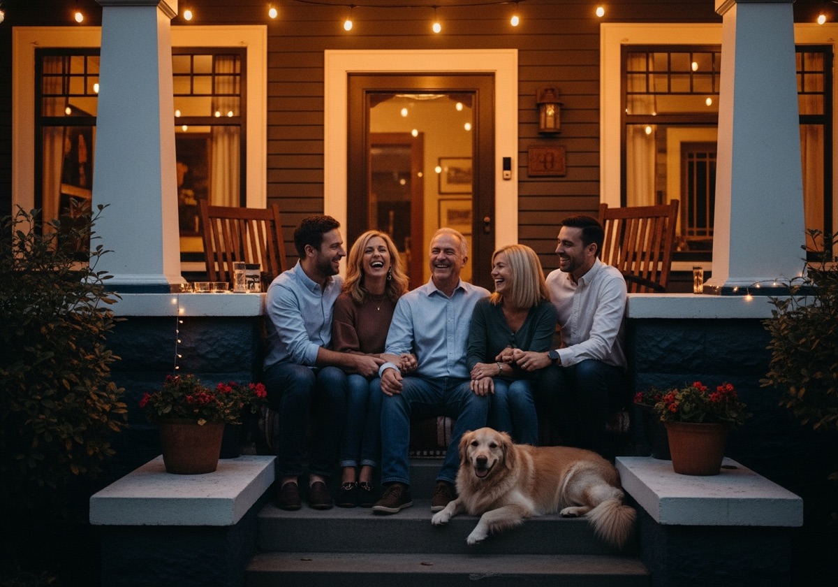 A multigenerational family gathered on a warmly lit front porch in the evening