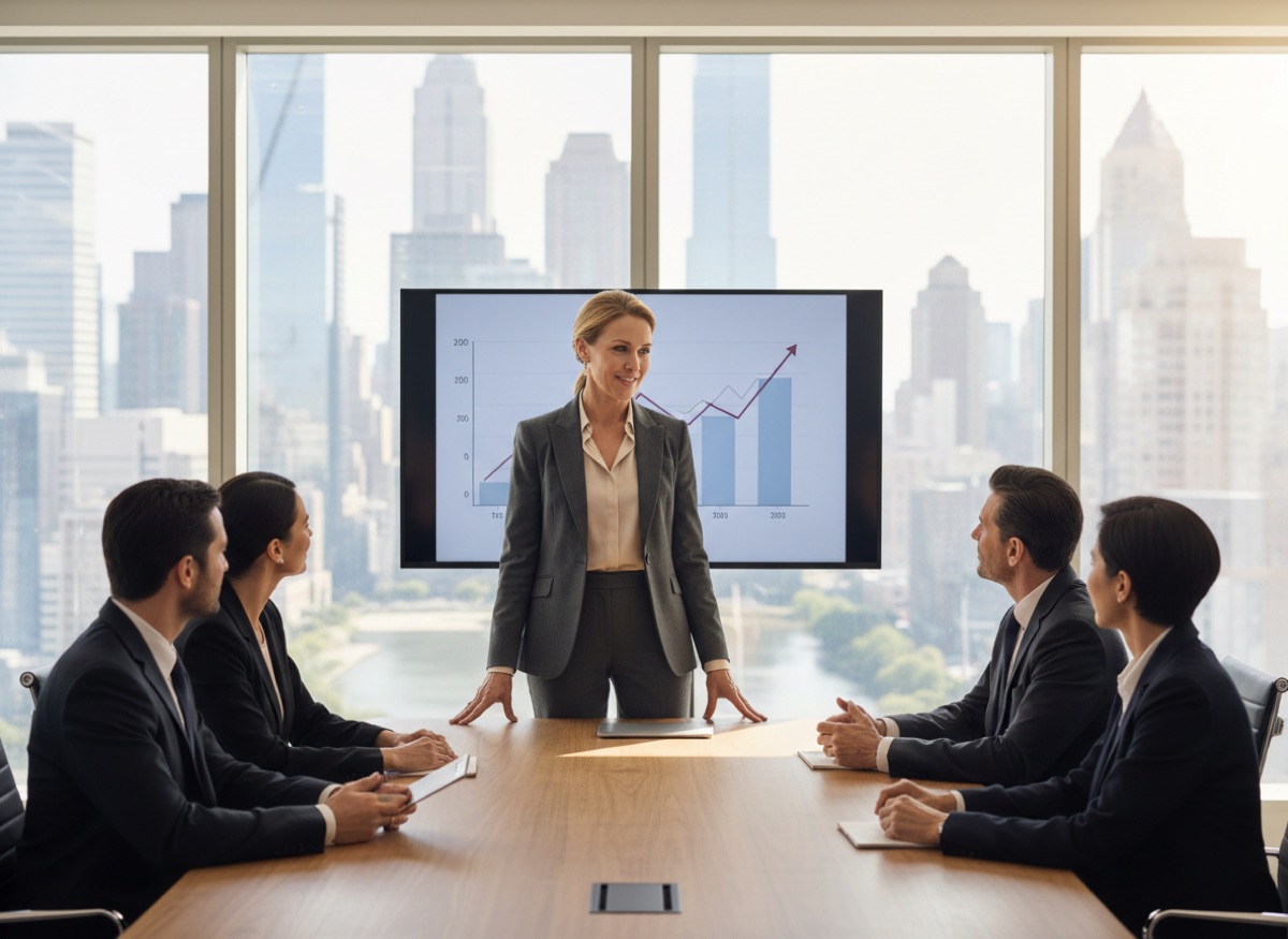 An executive woman confidently addressing colleagues in a bright boardroom with a city view