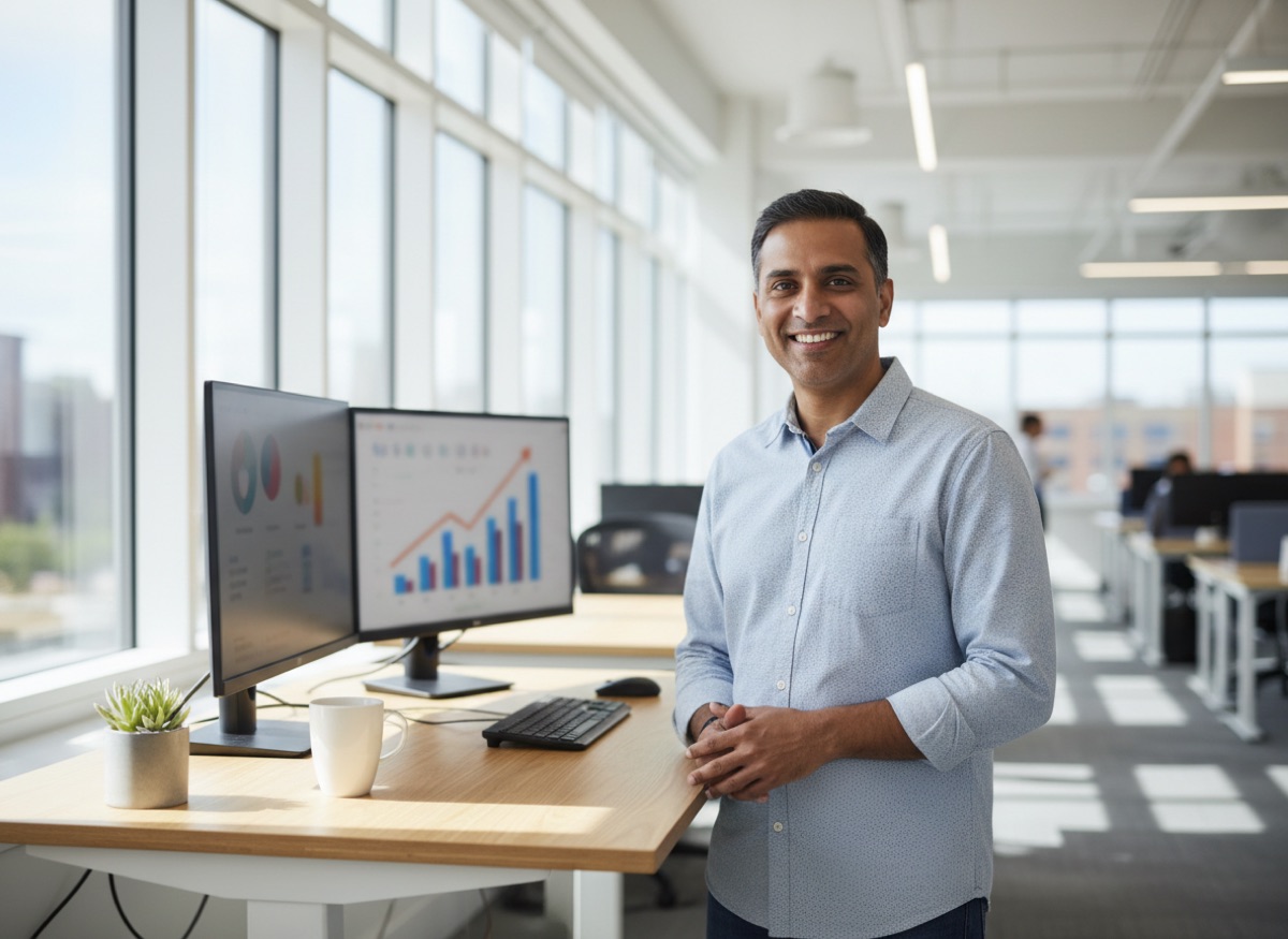 A smiling tech professional in his forties at his standing desk in a bright modern office, charts on his monitors