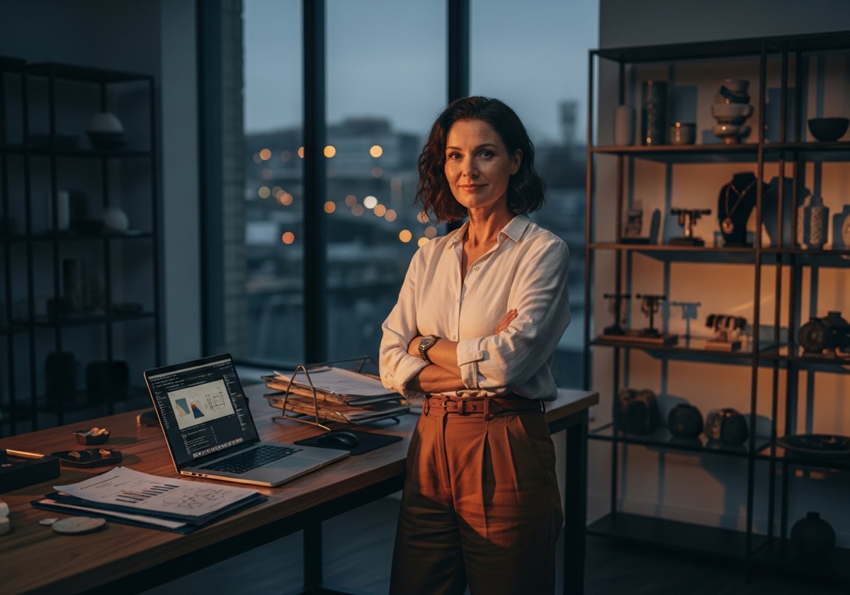 A small business owner standing confidently in her studio at dusk