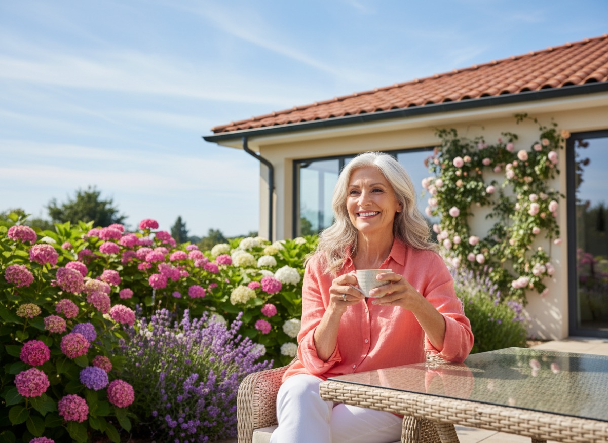 A smiling woman in her early sixties enjoying coffee on her sunny garden patio