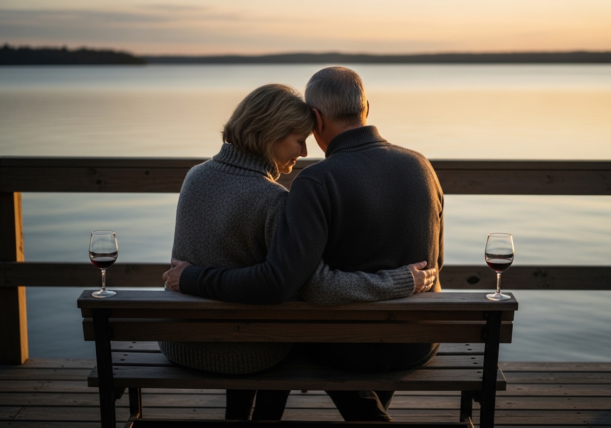 A relaxed couple in their late fifties watching the sunset from a lakeside bench
